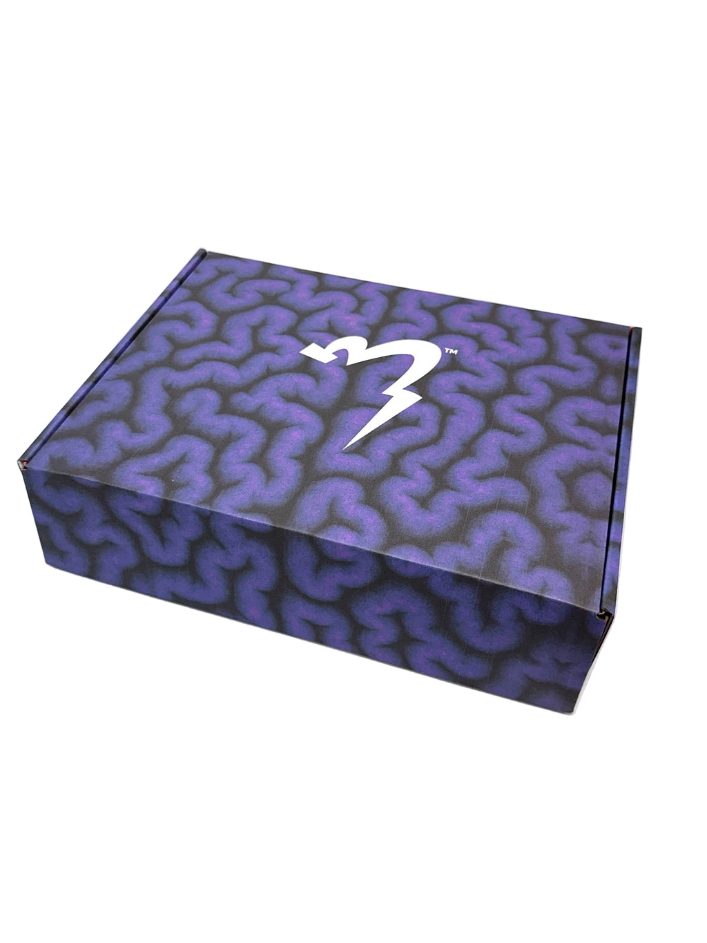 Purple patterned box with a white logo on a white background
