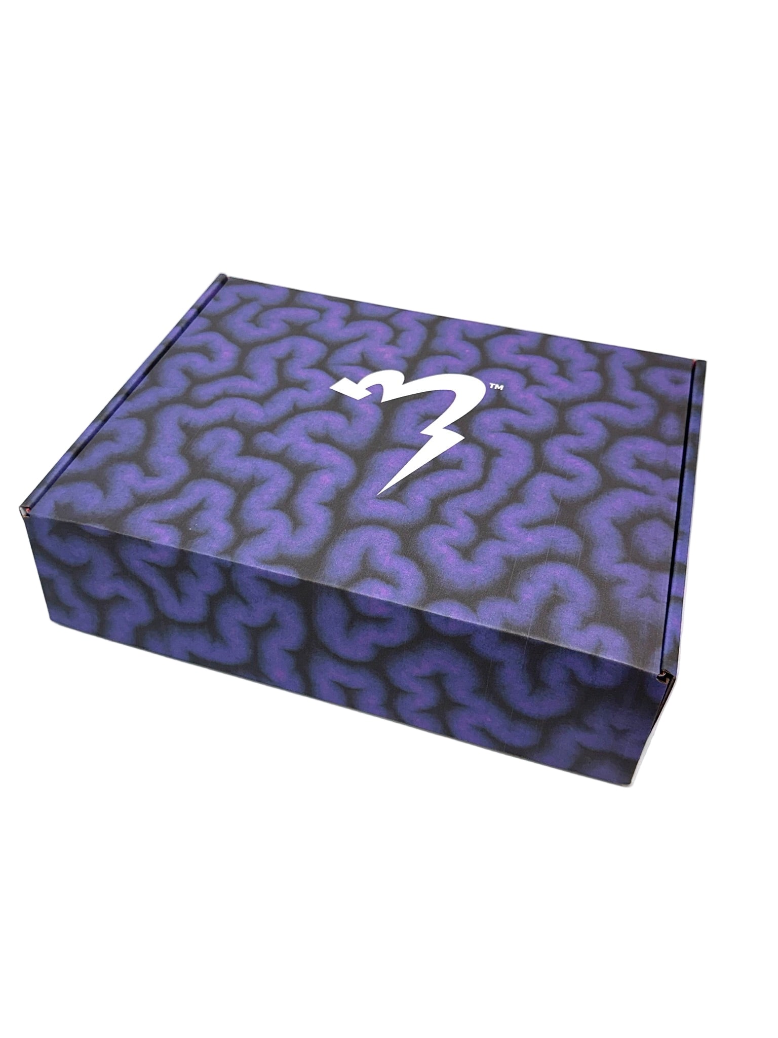 Purple patterned box with a white logo on a white background