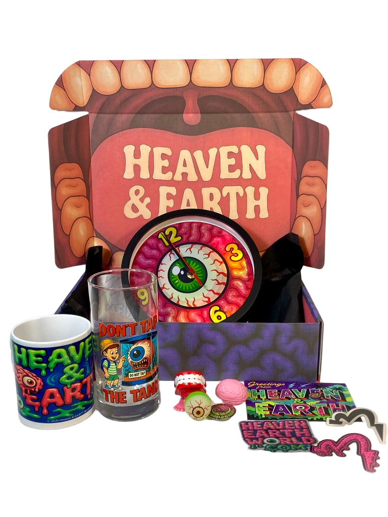 Collection of 'Heaven & Earth' themed items including a mug, glass, and various accessories on a white background.