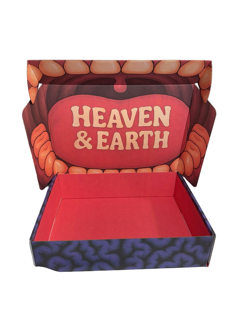 Cardboard box with 'Heaven & Earth' text on a white background