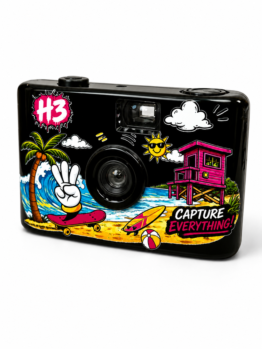Black camera with colorful beach-themed design and 'H3' branding on a white background