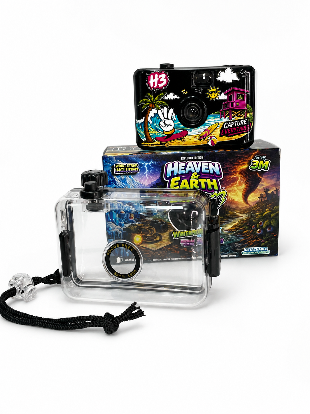 Underwater camera housing with packaging on a white background