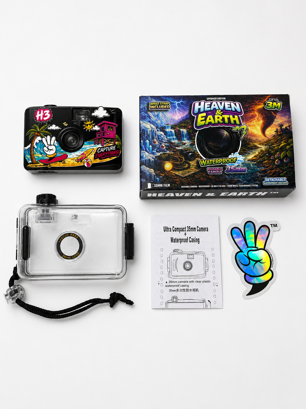 Collection of underwater camera equipment with packaging and accessories on a white background