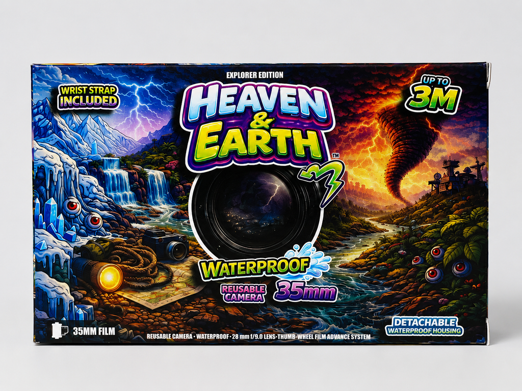 Box of 'Heaven & Earth' waterproof reusable camera with colorful design on a white background