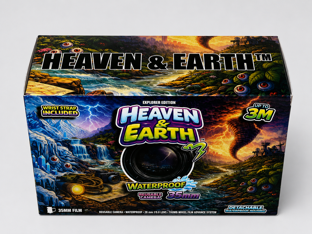 Box of 'Heaven & Earth' waterproof camera with colorful design on a white background