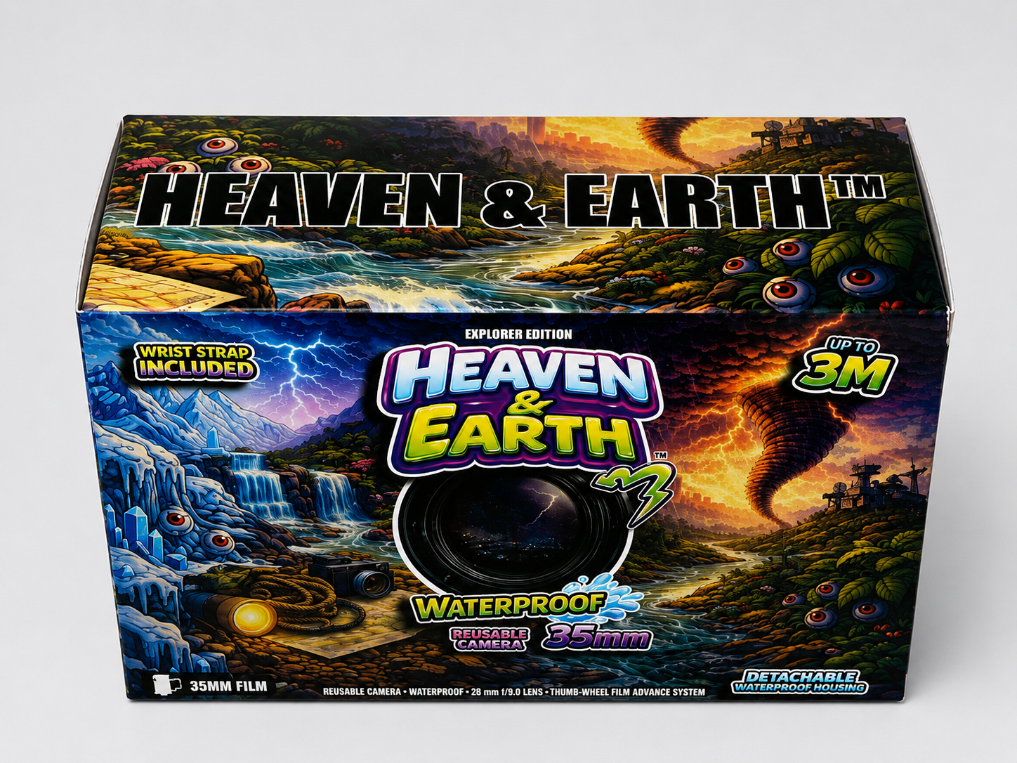 Box of 'Heaven & Earth' waterproof camera with colorful design on a white background