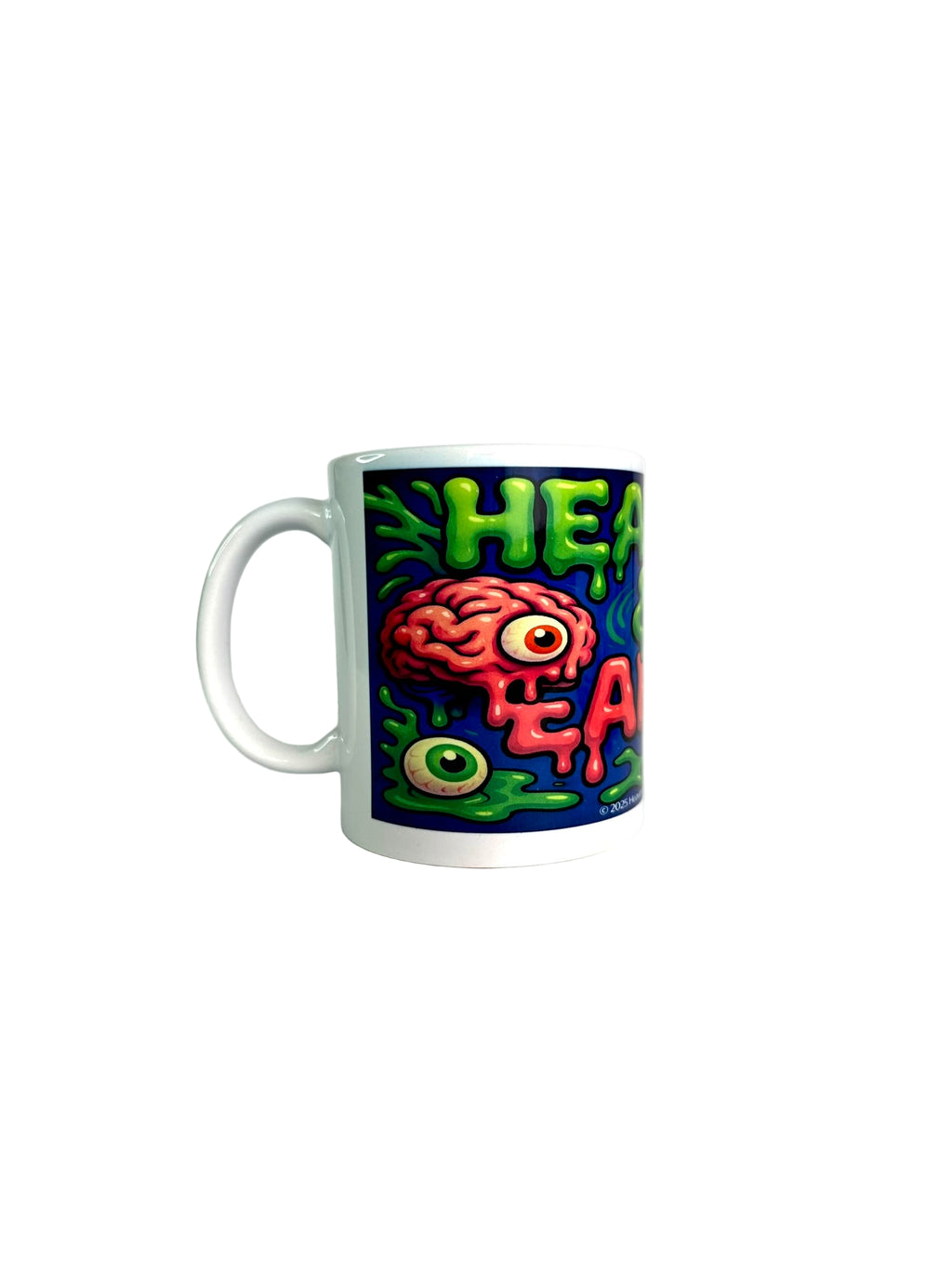 Mug with colorful design featuring a brain and text on a white background