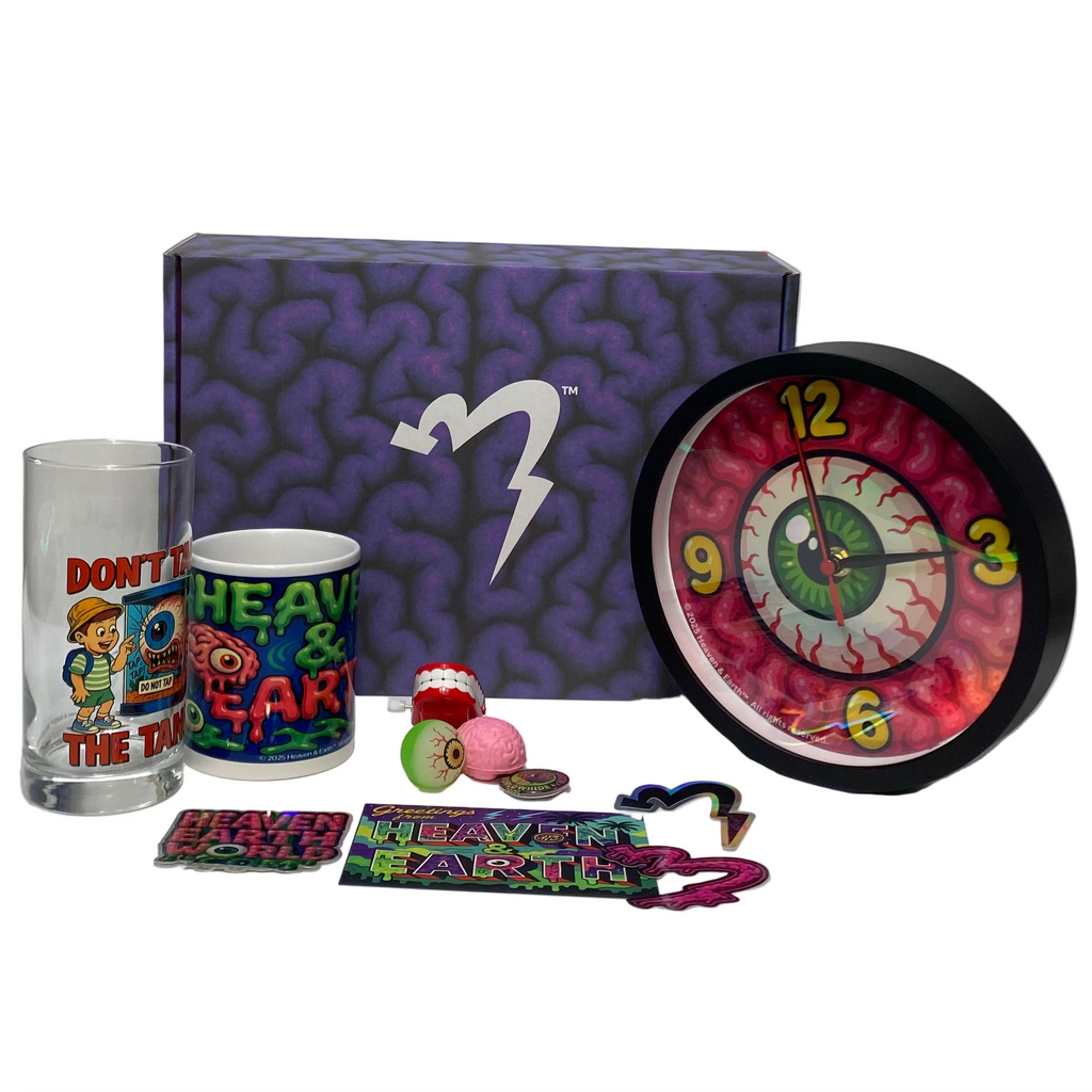 Set of colorful items including a clock, glasses, and decorative items on a white background