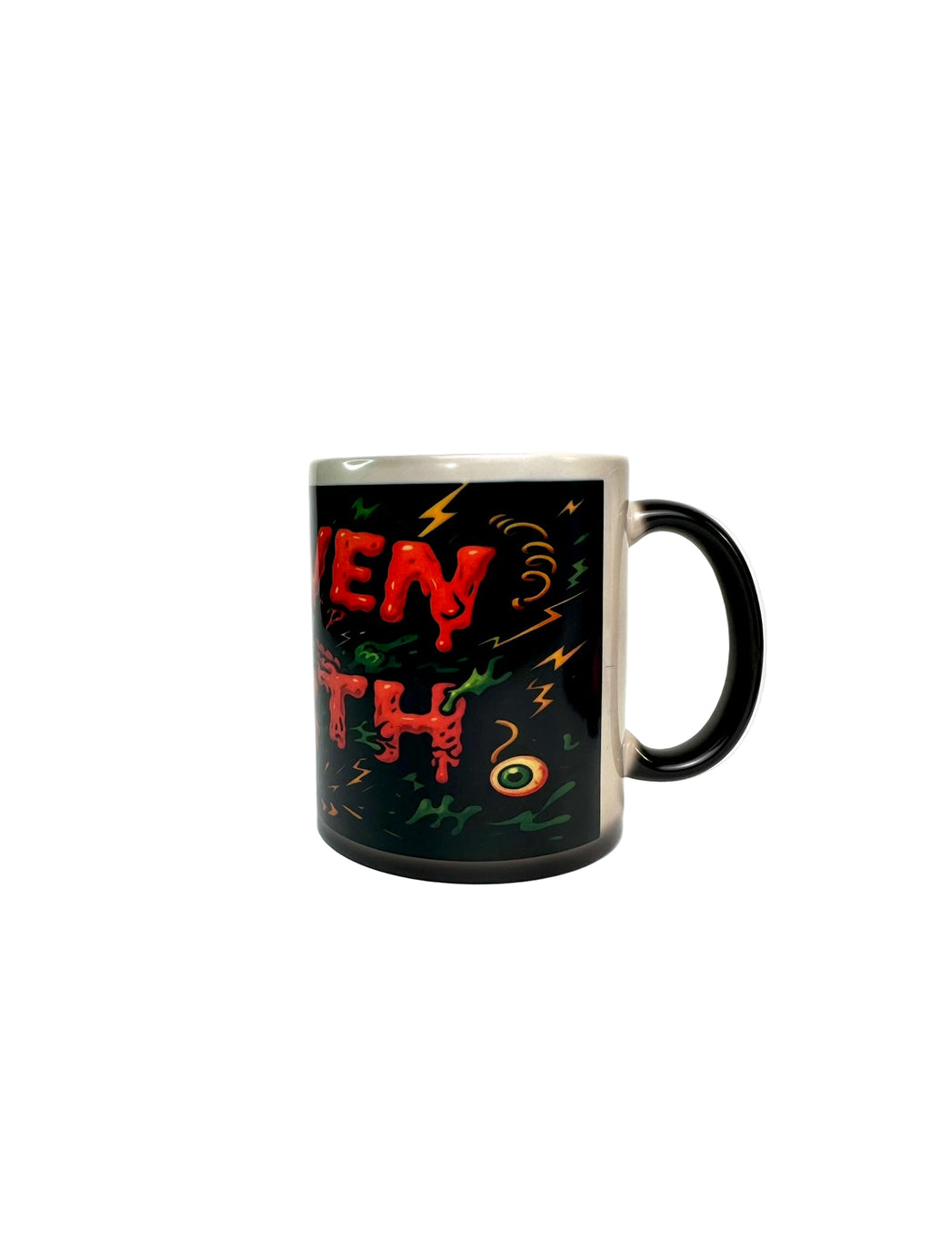 Mug with colorful text design on a white background