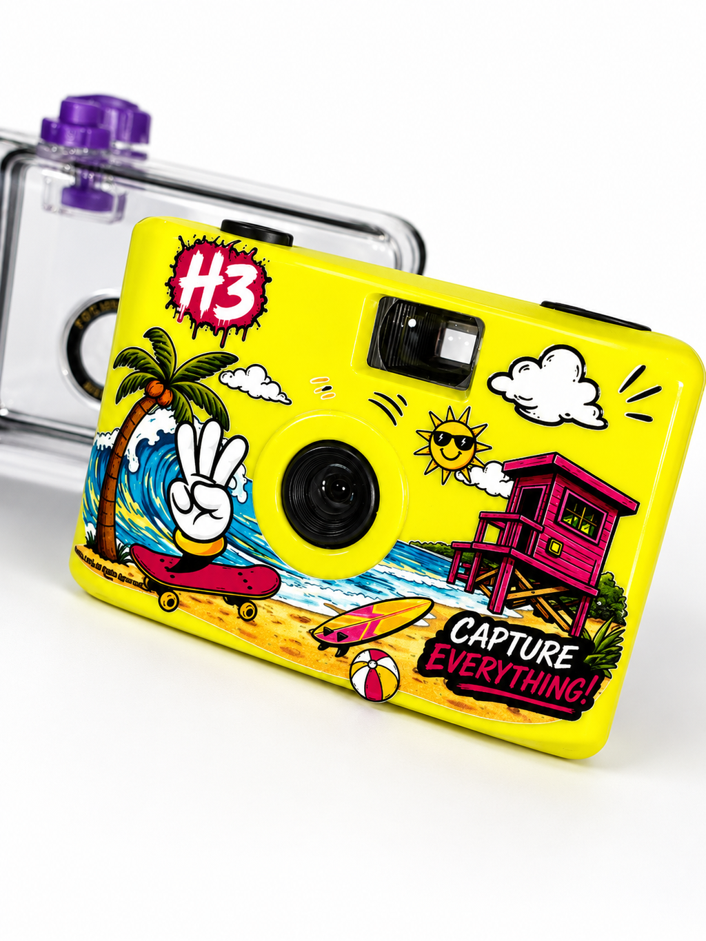 Yellow disposable camera with beach-themed design on a white background
