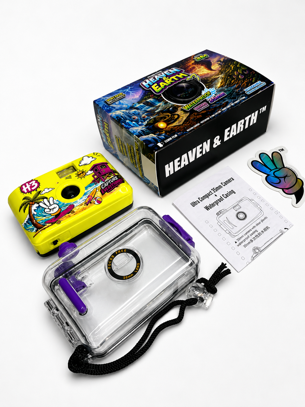 Colorful underwater camera with packaging and accessories on a white background
