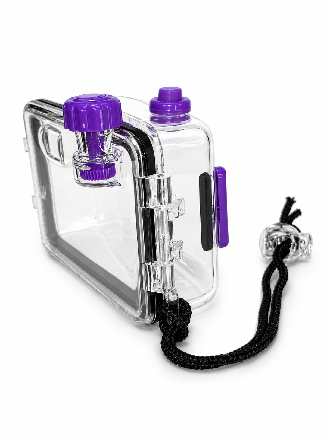 Clear phone case with purple lids and a black lanyard on a white background