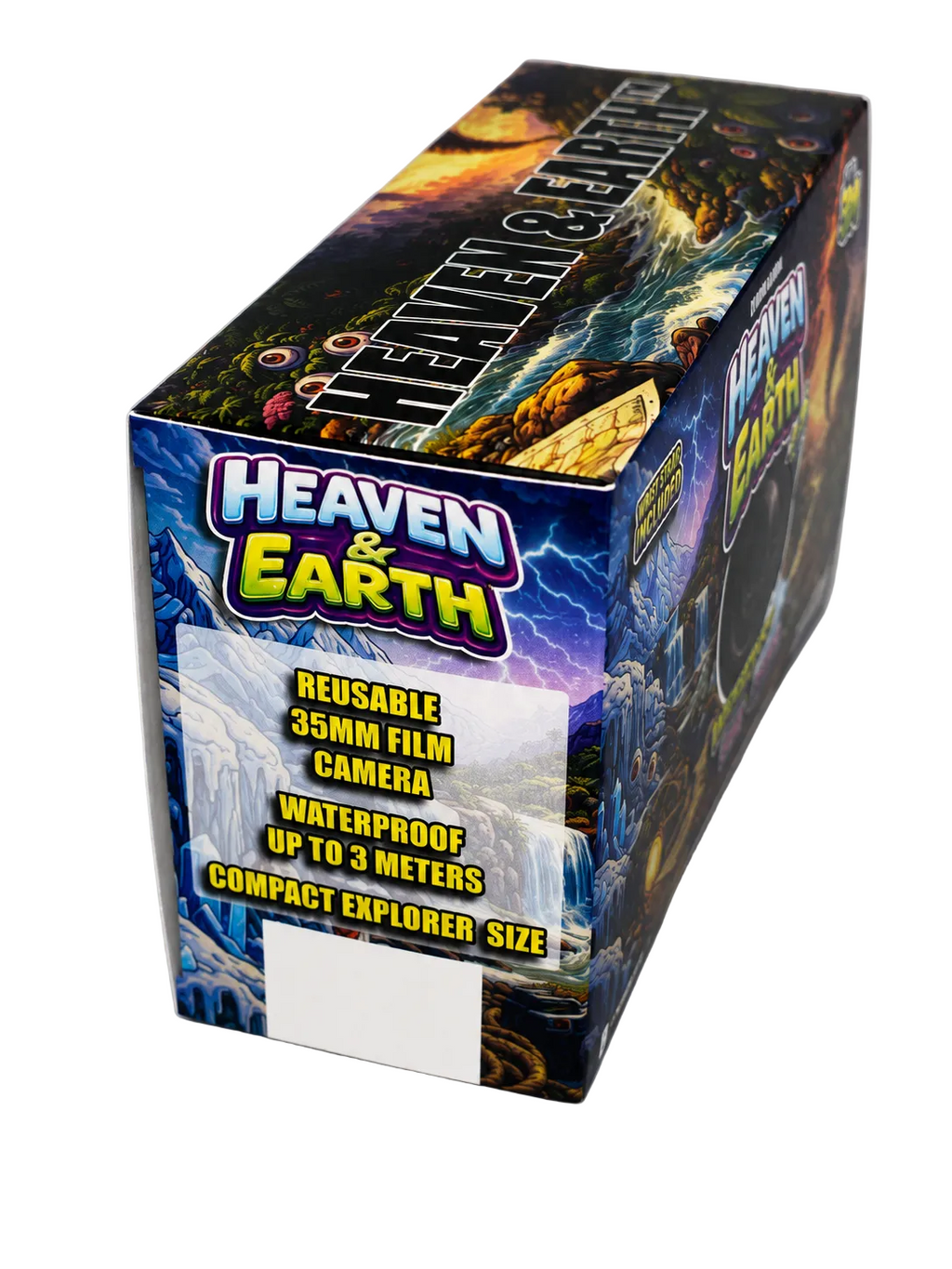 Box of 'Heaven & Earth' reusable 35mm film camera on a white background