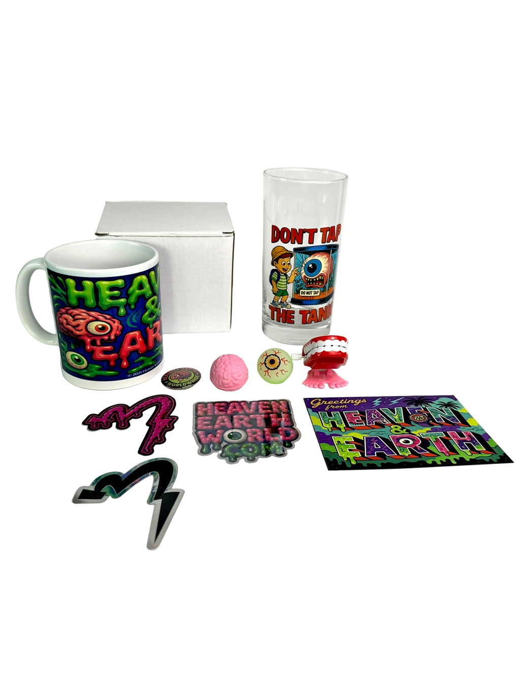 Collection of mugs, coasters, and decorative items with colorful designs on a white background