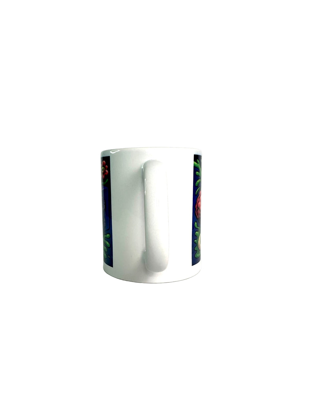 White mug with a colorful design on a white background