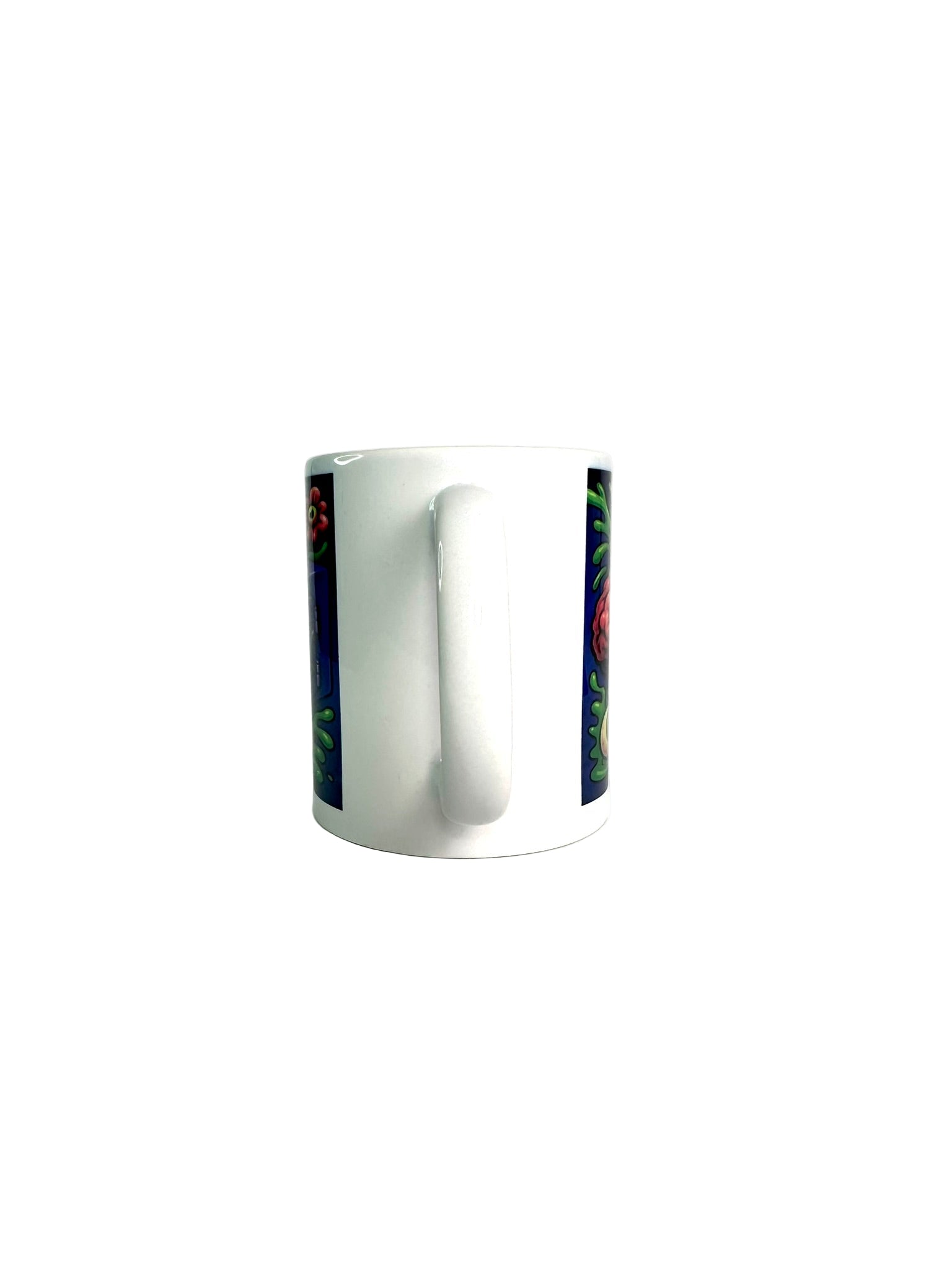 White mug with a colorful design on a white background